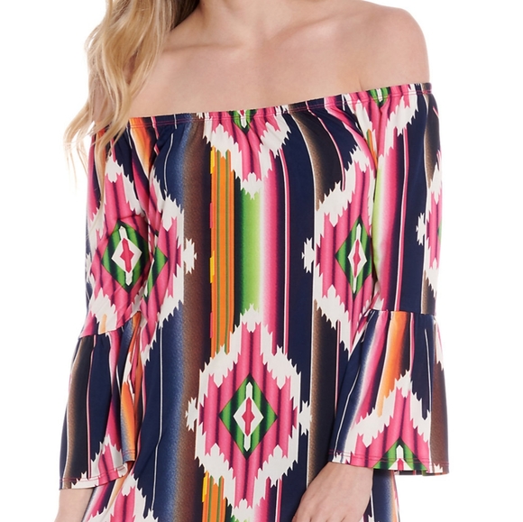 R Rouge off shoulder aztec navy/pink western dress - Picture 4 of 5